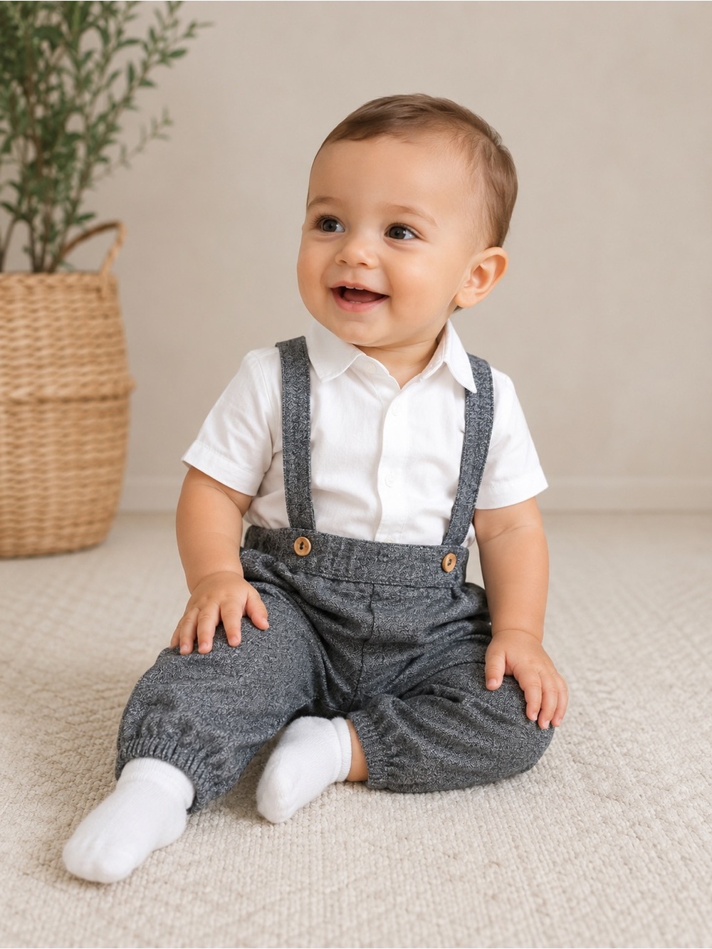 H&M Baby Boy Outfit Set 9–12,White Button-Up Shirt & Gray pants,organic cotton